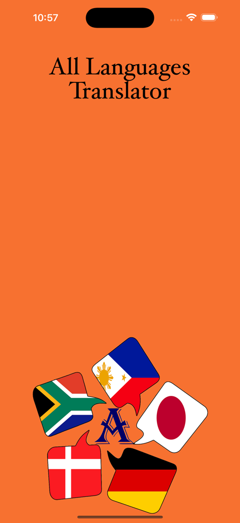 All Languages Translation - Écran de démarrage de l'application All Languages Translator avec un fond orange vif et des bulles de dialogue représentant des drapeaux internationaux.