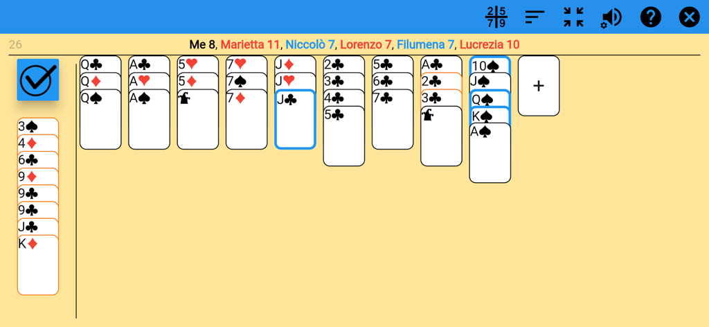 Machiavelli Card Game - Machiavelli card game gameplay showing card groups and sequences on a virtual table with historical opponent names.