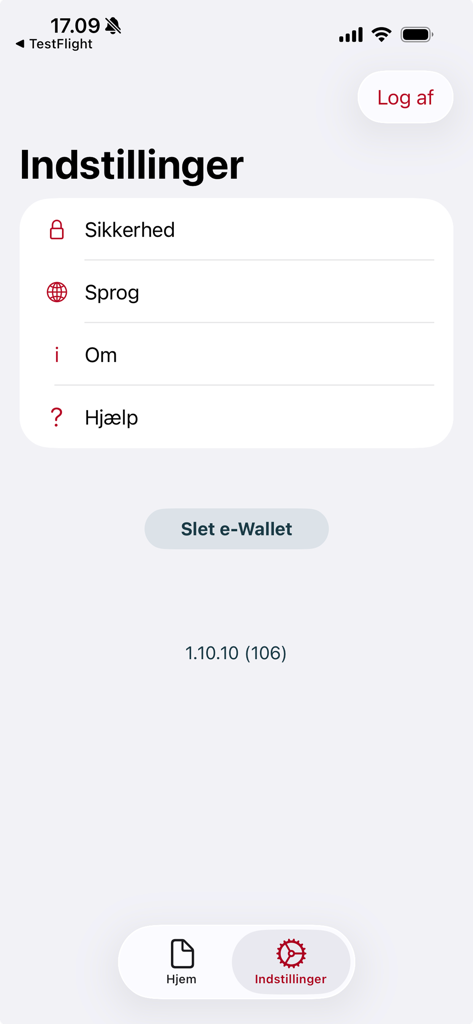 e-Wallet - Menu de configurações do aplicativo móvel Carteira Digital mostrando opções de segurança e idioma