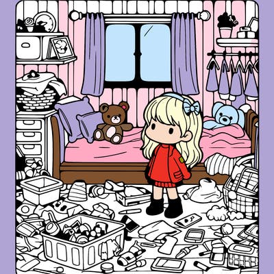 girl in messy room looking at objects cartoon