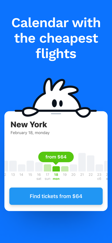 Cheap flights – WayAway - WayAway app interface displaying a price schedule calendar to find the cheapest flight dates to New York