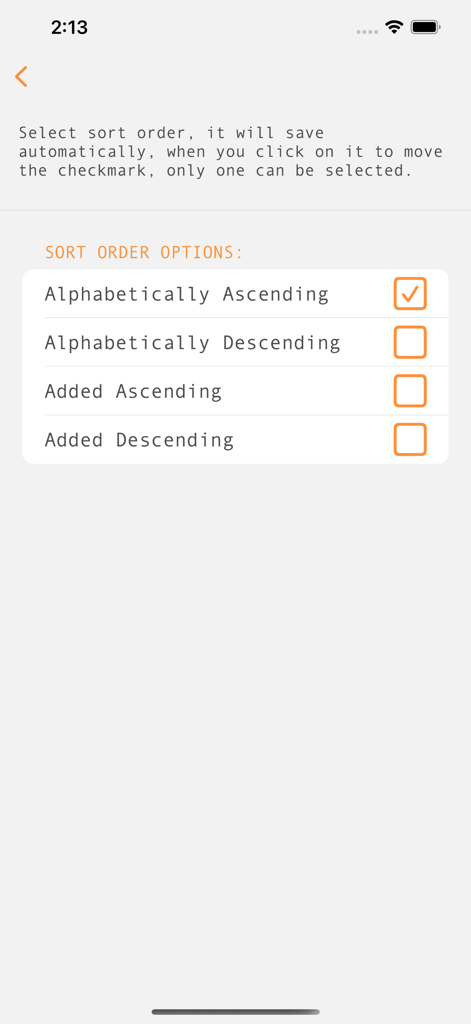 Dosmo - Dosmo app interface showing list sorting options including alphabetical and chronological order.