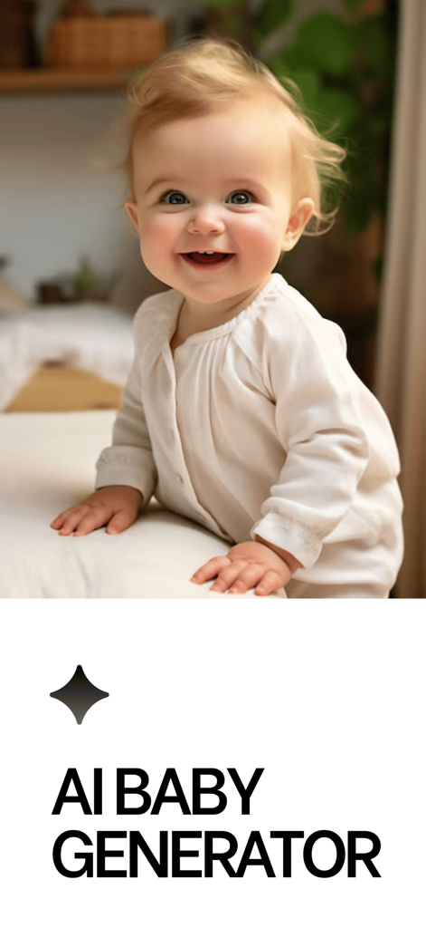 Realistic smiling baby face generated by AI with the app title AI Baby Generator