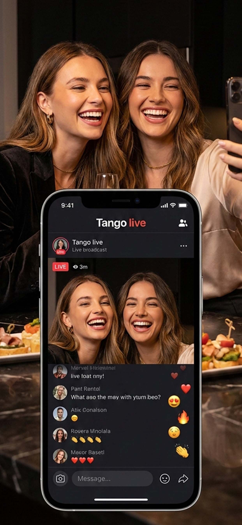 Tango Epicurean Alchemy - Two women laughing during a live stream broadcast on the Tango Epicurean Alchemy mobile app interface