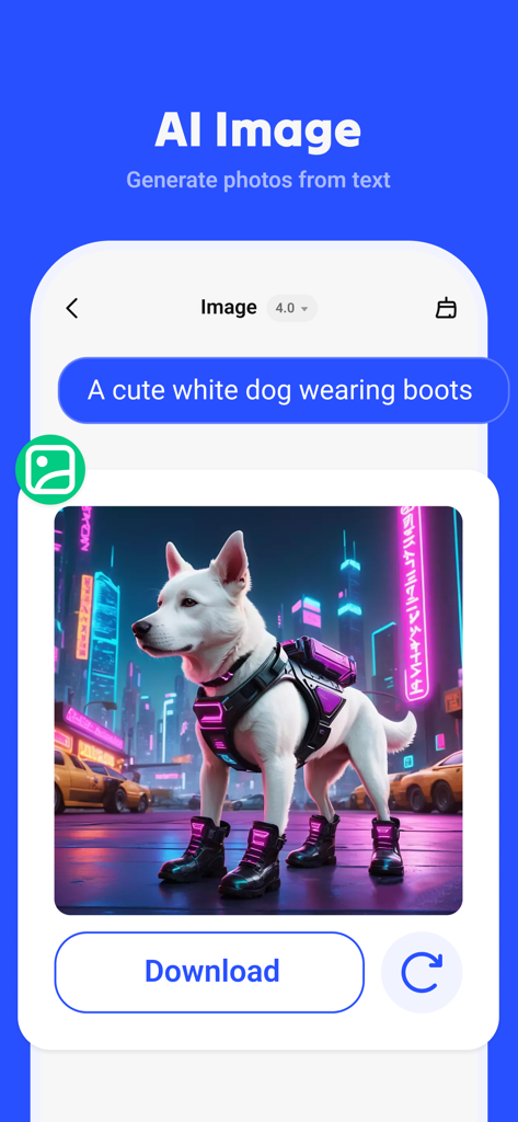 Interfaz de la aplicación AI Chatting que muestra una imagen generada de un perro blanco basada en un aviso de texto