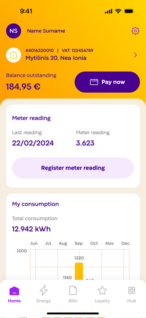 Protergia - Tableau de bord de l'application de gestion d'énergie Protergia montrant le solde du compte et le graphique de consommation
