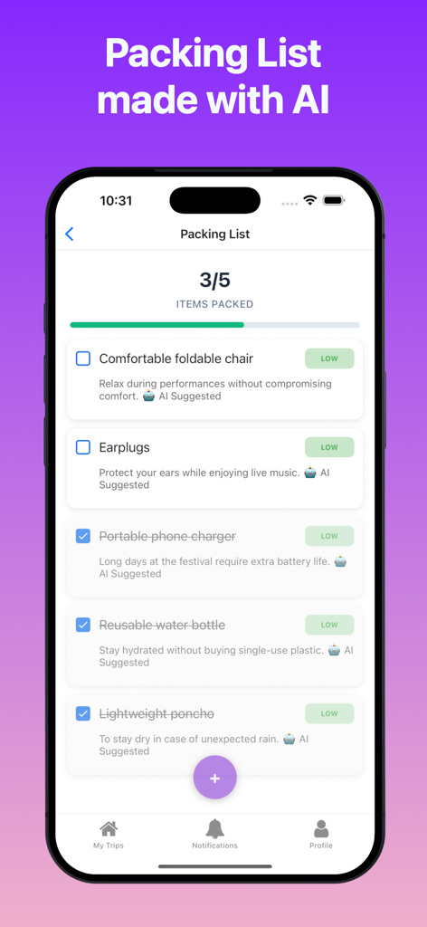 FlowTrip AI Group Trip Planner - FlowTrip AI packing list interface showing smart suggestions for travel items