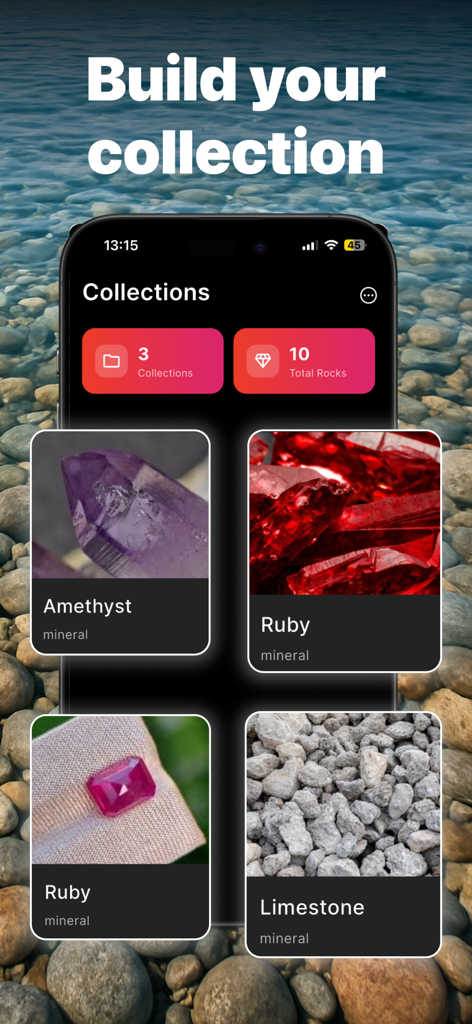 Rock Identifier: Stone ID AI - A mobile app interface displaying a digital collection of identified minerals including Amethyst, Ruby, and Limestone.