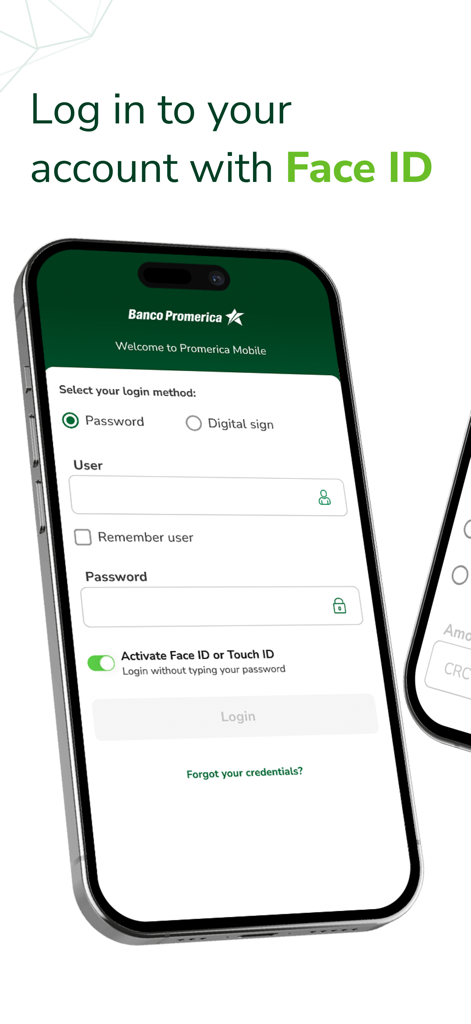 Promerica Móvil - Pantalla de inicio de sesión de la aplicación Promerica Movil destacando la autenticación biométrica con Face ID para un acceso seguro a la cuenta