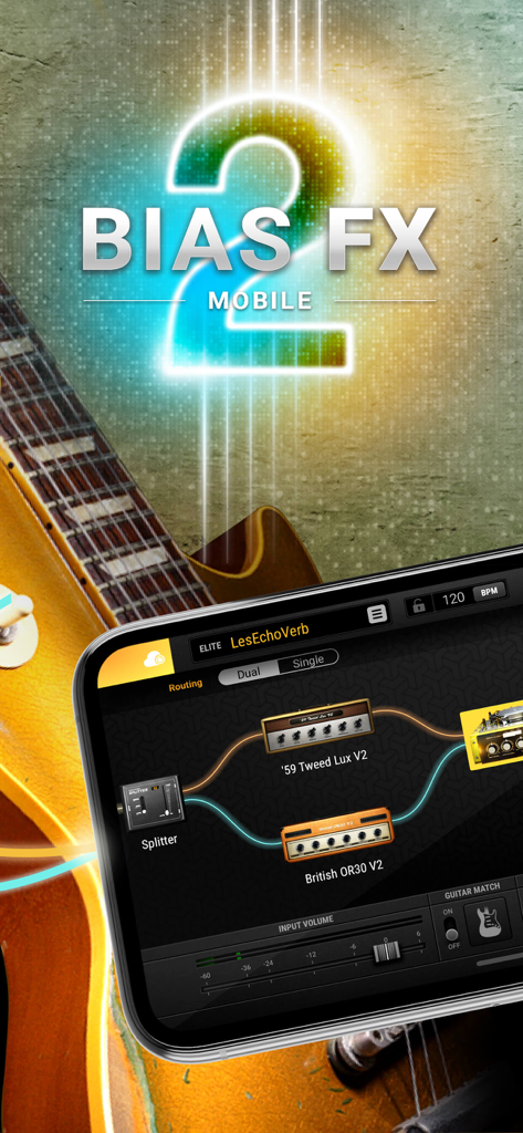 Aplicación móvil BIAS FX 2 que muestra la ruta de la señal de un amplificador de guitarra virtual en un smartphone