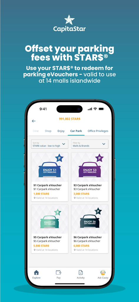 CapitaStar app interface for redeeming parking vouchers using reward points