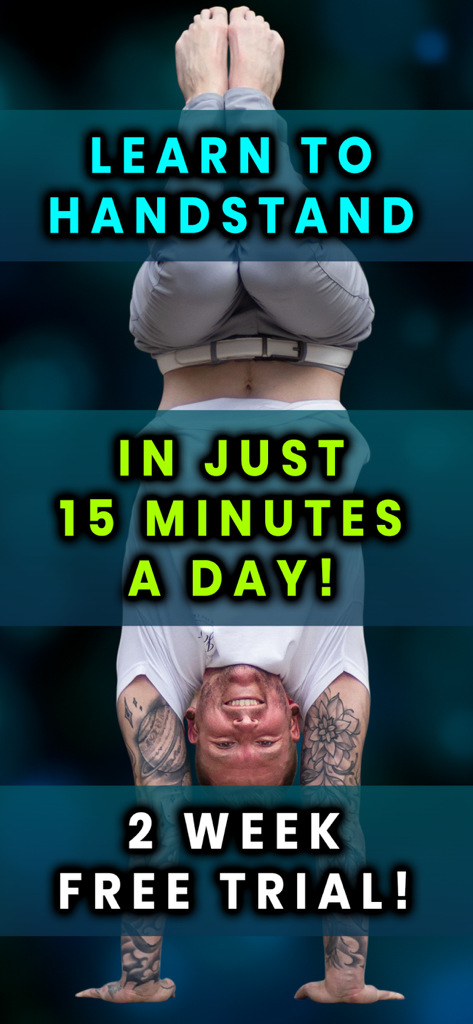 Kyle Weiger realizando un pino de manos libre con texto promocionando su programa de entrenamiento de 15 minutos al día