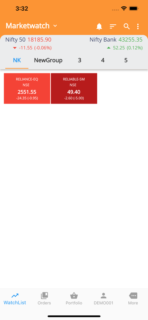 Emkay Blitz - Emkay Blitz app Marketwatch screen showing Nifty 50 and Nifty Bank indices