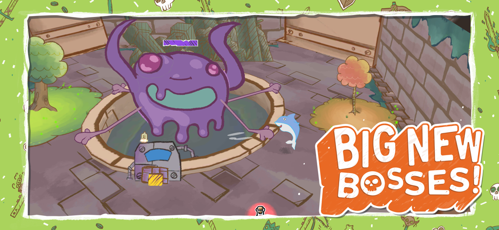 Draw a Stickman: EPIC 3 - A giant purple boss monster and a small dolphin character in a Draw a Stickman EPIC 3 gameplay scene.