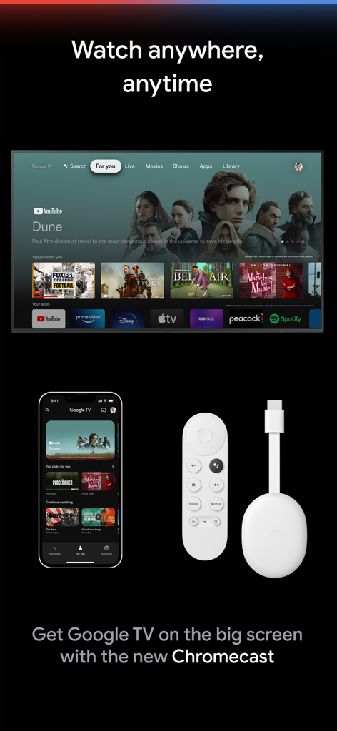 Uma tela de TV, smartphone e dispositivo Chromecast exibindo a interface de streaming multiplataforma e agregação de conteúdo do Google TV.