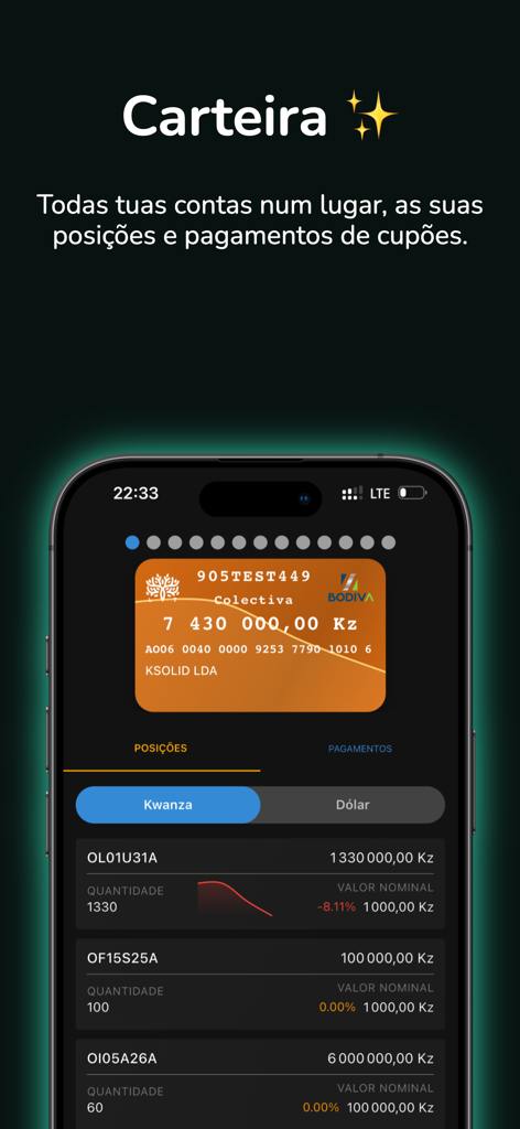 Lucrum Invest - Tela de portfólio do aplicativo Lucrum Invest mostrando posições de investimento e saldos para a bolsa de valores BODIVA.