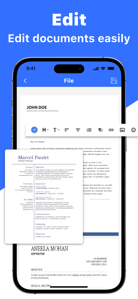 Smartphone screen showing the document editor interface with resume templates and formatting tools