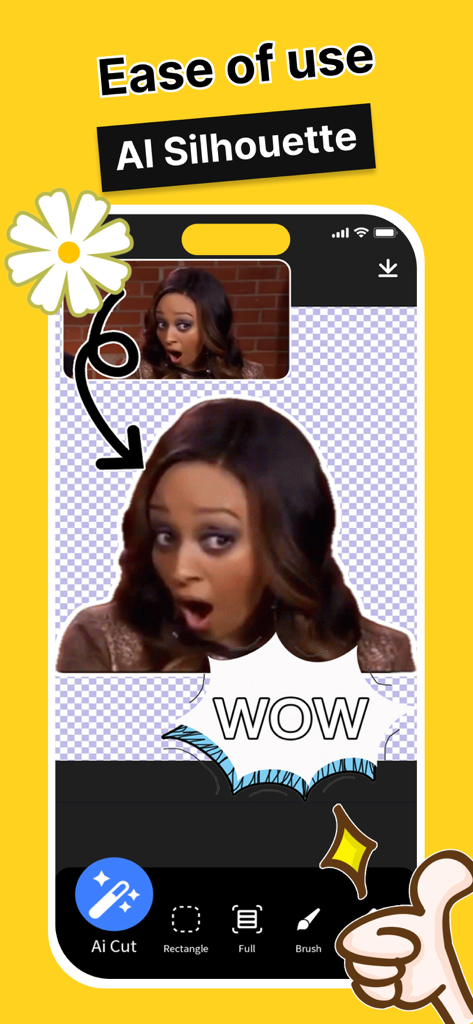 Sticker by Sticker Maker - AI silhouette tool in Sticker Maker app showing an automatic cutout of a person's face for a custom sticker