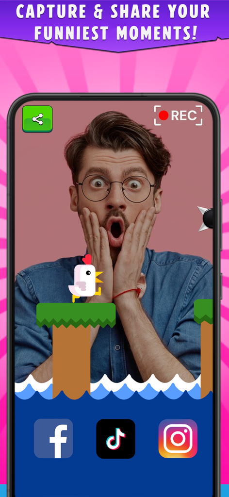 Chicken Scream Challenge Go Up - Chicken Scream Challenge mobile game screen showing reaction recording feature and social media sharing icons
