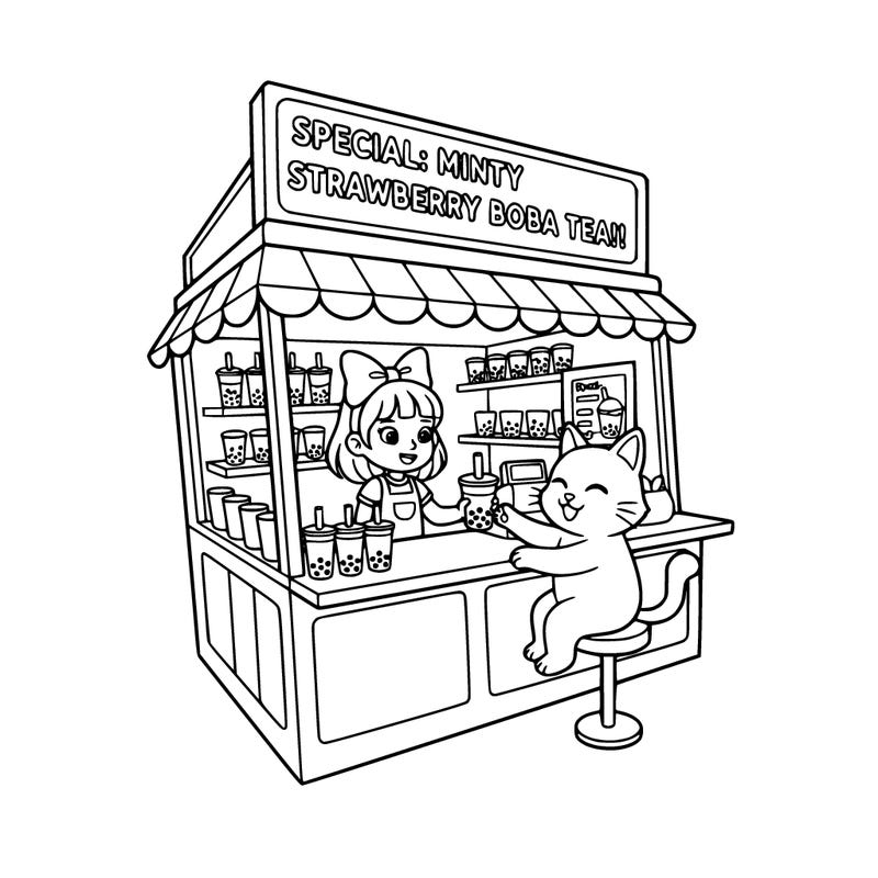 a boba shop with a boba serving the boba to a cat and the top of the building there is a sign that says special:minty strawberry boba tea!! and the boba serving is a girl wearing a bow