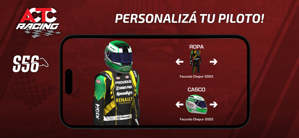 Pantalla de personalización para elegir el casco y el traje de carreras del piloto en ACTC Racing