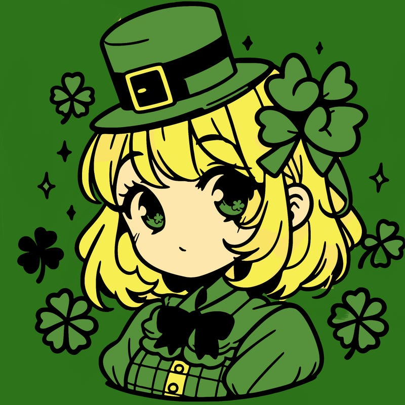 a manga-style girl with clovers around her, a little hat in her hair, like it's saint patrick's day