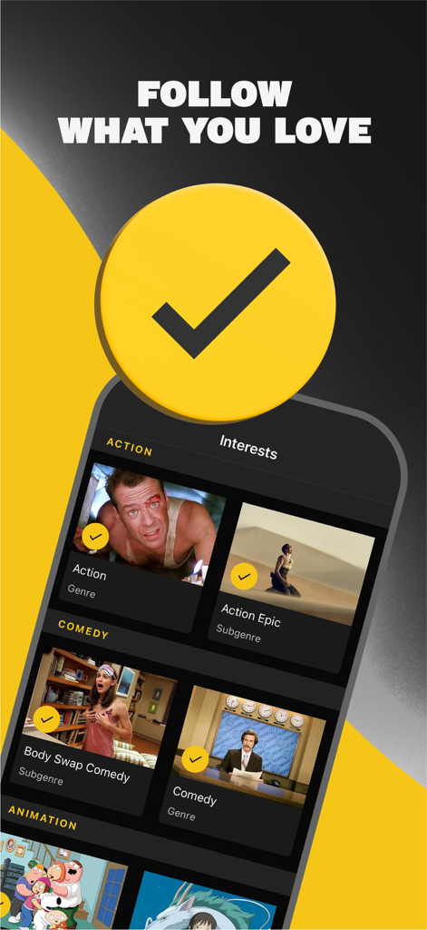 IMDb app interests screen for personalized movie and TV show recommendations