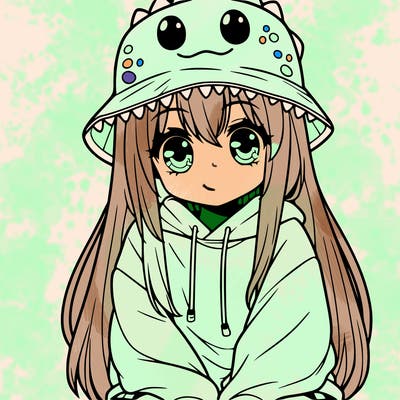 girl with anime shaped eyes with a dinosaur bucket hat oversized sweatshirt long straight hair