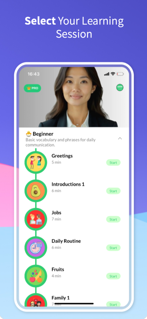 Learn English with Ai speaker - Interfaz de la aplicación móvil que muestra módulos de aprendizaje de inglés para principiantes como saludos y trabajos con un avatar de tutor de IA.