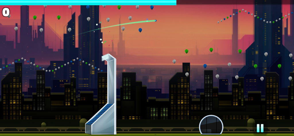 Flick Cricket hit six ball fun - Jugabilidad de Flick Cricket que muestra una pelota volando a través del horizonte de una ciudad futurista con globos