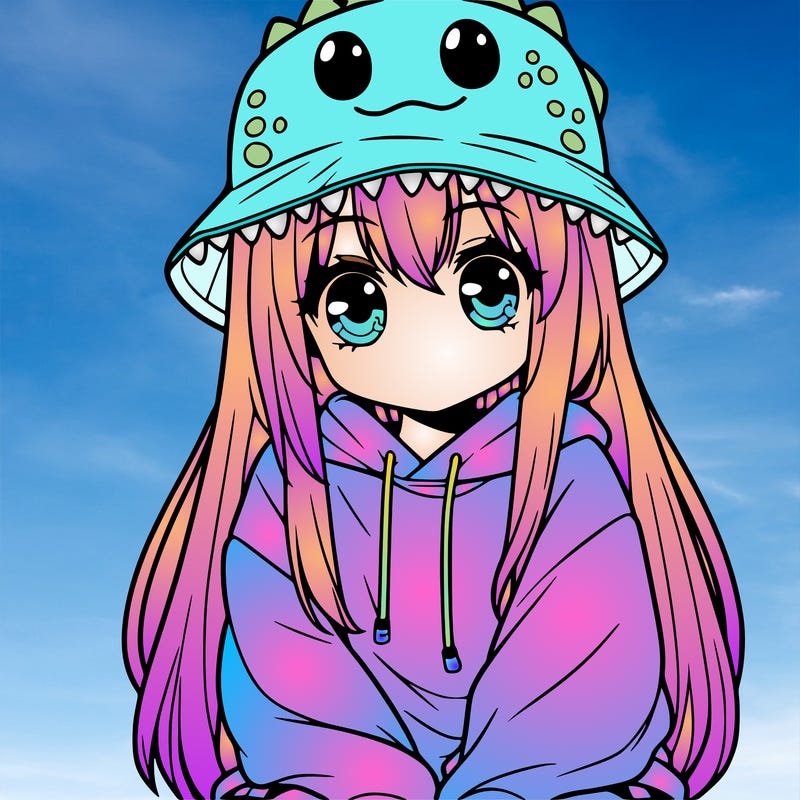 girl with anime shaped eyes with a dinosaur bucket hat oversized sweatshirt long straight hair