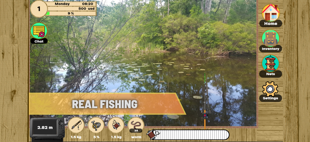 Real Fishing Simulator - Gameplay screen of Real Fishing Simulator featuring a tranquil lake with a fishing rod and UI icons