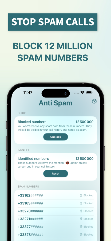 La interfaz de la aplicación AntiSpam que muestra doce millones de números de spam bloqueados y una lista de prefijos de llamadas bloqueadas.