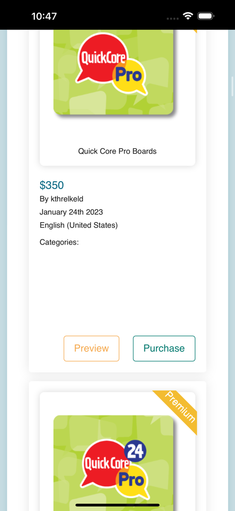 CoughDrop Pro - CoughDrop Pro app interface showing Quick Core Pro board details with a purchase price and preview options