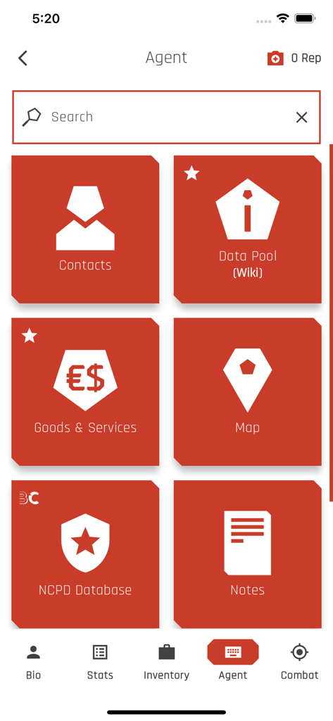 Interface of the Agent screen in the Cyberpunk Red Companion app showing menu tiles for Contacts, Data Pool, Map, and Notes.