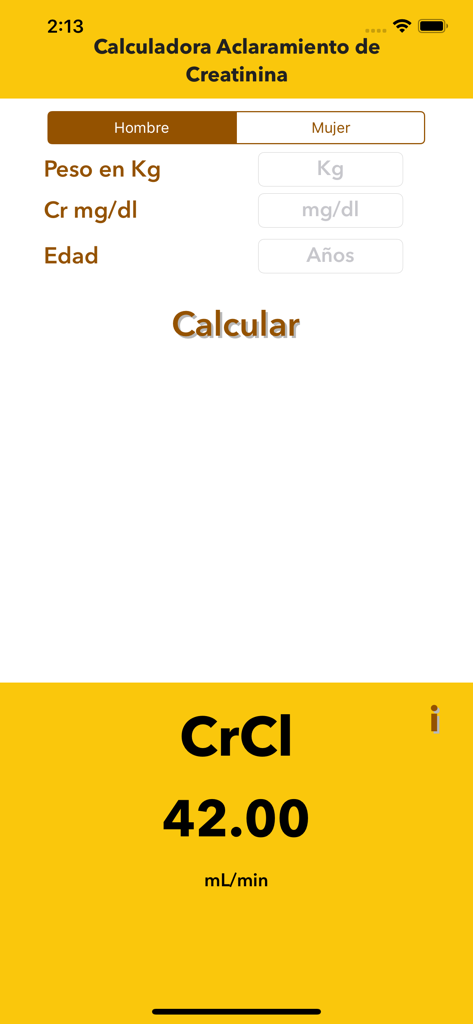 Interfaccia dell'app del calcolatore CrCl che mostra i campi di input per peso, creatinina ed età con un risultato calcolato.