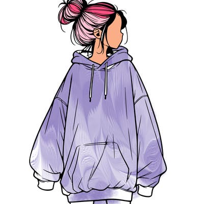 realistic girl with a oversized sweatshirt on and a bun