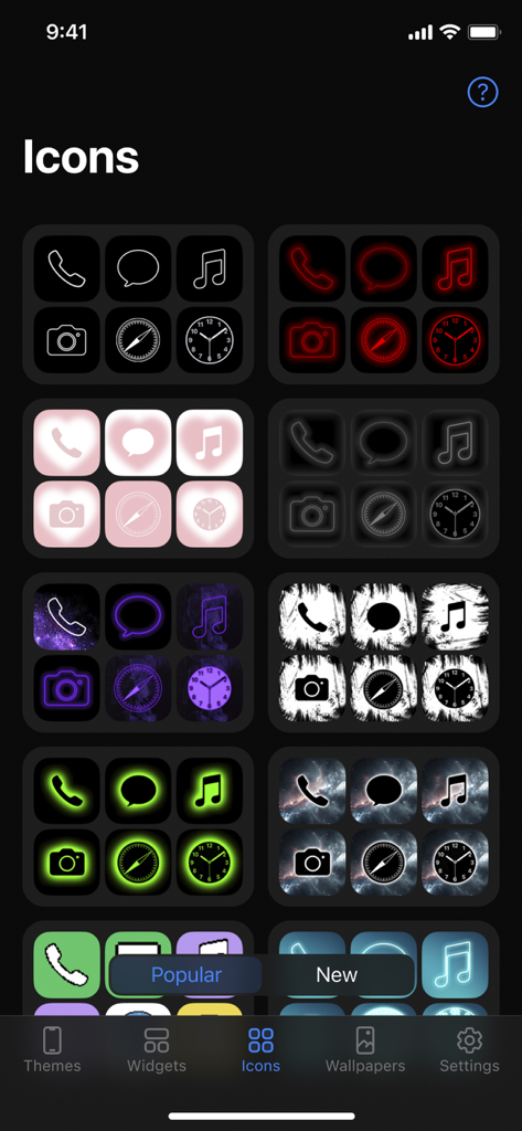 A gallery showcasing various custom app icon sets in different aesthetic styles within the Reskin app interface