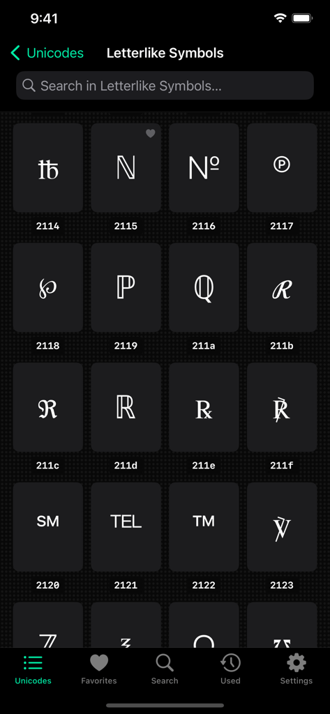 Uma grade de símbolos Unicode semelhantes a letras e seus códigos hexadecimais no aplicativo Codepoint para iPhone.