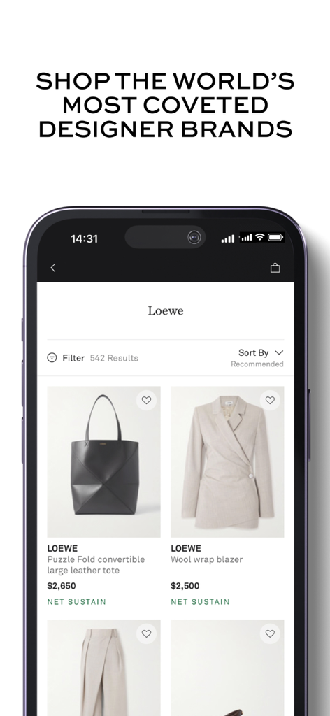Interface of the NET-A-PORTER app showing a curated collection of Loewe luxury fashion items including a leather tote and wool blazer