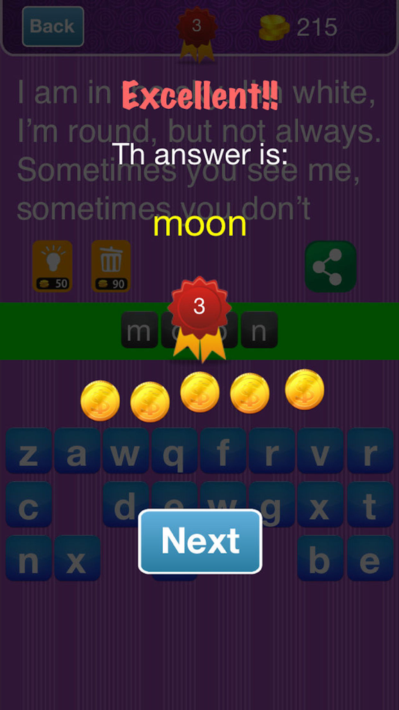 Riddle Me Now - Screenshot of a solved riddle in the Riddle Me Now app showing the answer moon and an Excellent message
