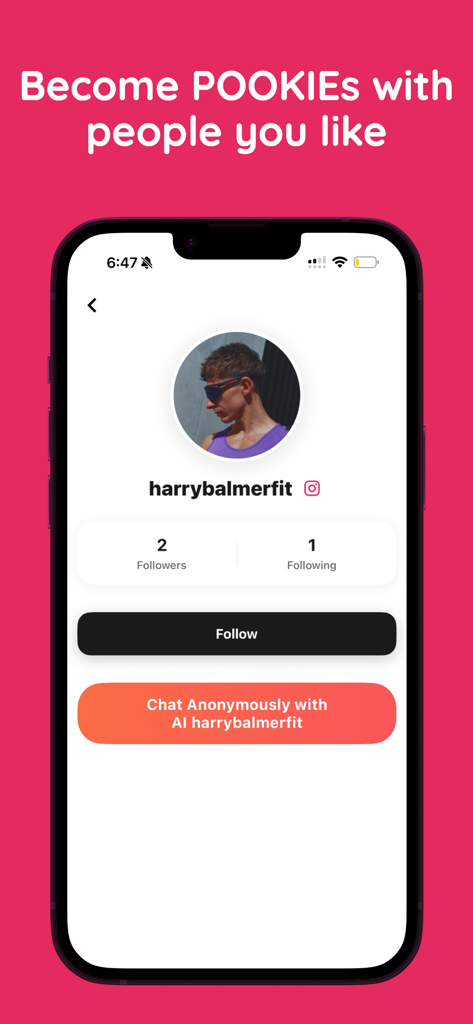 Pookie: Be friends anonymously - A mobile app profile screen for Pookie showing a user named harrybalmerfit and a button to chat anonymously with his AI clone.