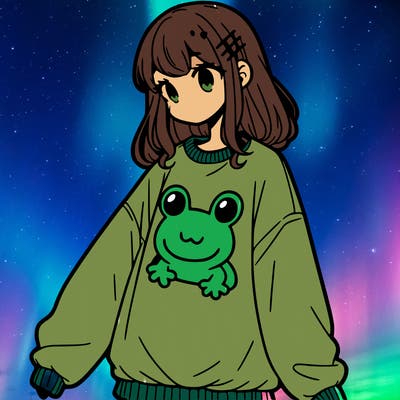 girl wearing frogging sweatshirt