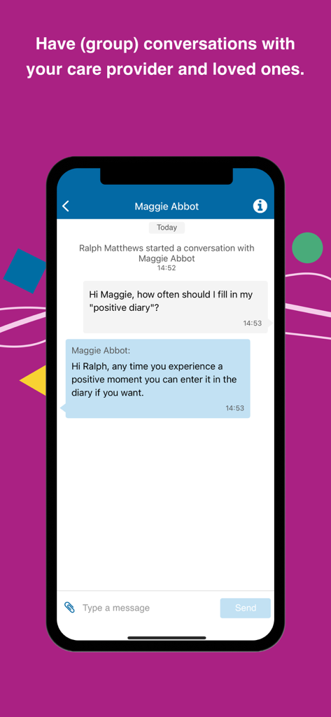 Minddistrict - Minddistrict App sichere Nachrichtenoberfläche, die einen Chat zwischen einem Benutzer und einem Betreuer zeigt