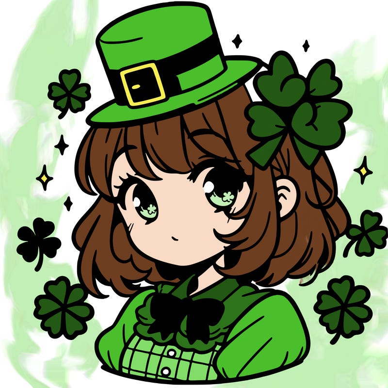 a manga-style girl with clovers around her, a little hat in her hair, like it's saint patrick's day