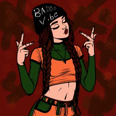 realistic teenage girl with braids and a beanie and crop top doing 🫶🏼