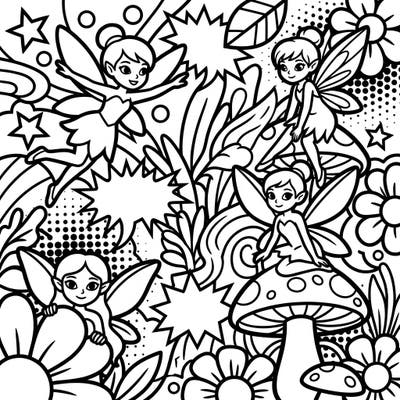 Spark imagination with our delightful Pop Art fairy coloring page, specially designed for toddlers. Featuring bold lines, whimsical fairies, and playful garden scenes, it's perfect for little hands to explore color.