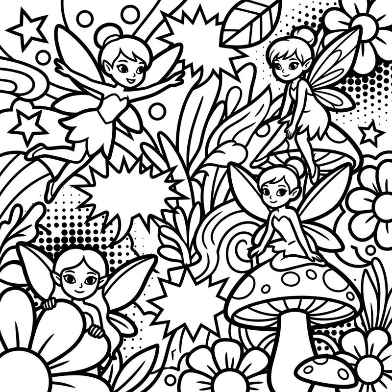 Spark imagination with our delightful Pop Art fairy coloring page, specially designed for toddlers. Featuring bold lines, whimsical fairies, and playful garden scenes, it's perfect for little hands to explore color.