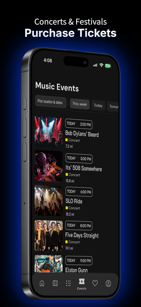 Screenshot of Music Roadtrip app showing a list of upcoming music events and concerts with options to purchase tickets