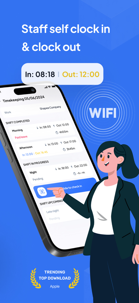 Timesheet & Payroll: EzWork - 직원 셀프 출근 및 근무 일정 관리를 위한 EzWork 모바일 앱 인터페이스